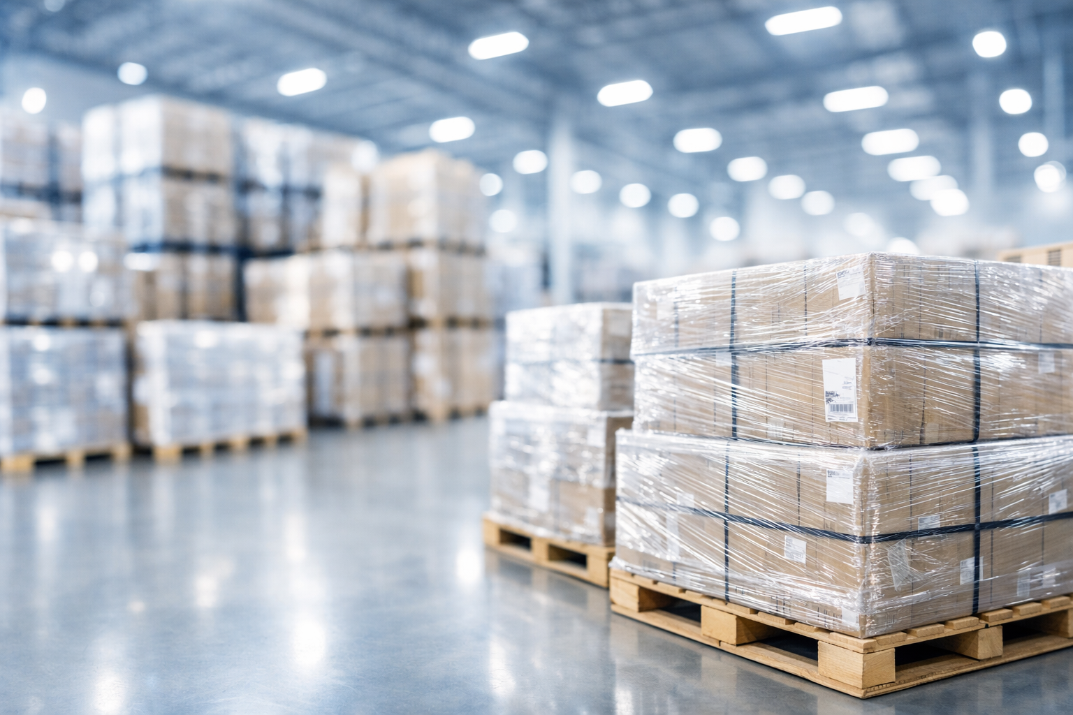 Warehouse with wrapped pallets